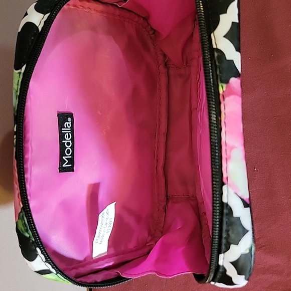 Modella Makeup Cosmetic Travel Bag Zippered Pouches Pink Black Floral - Picture 4 of 4